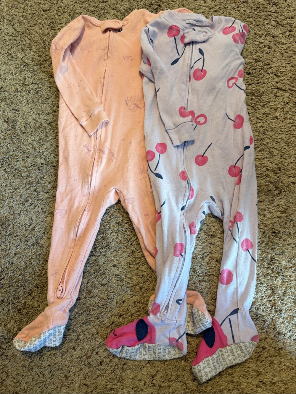 Carter's Pink and Light Purple Footed One-Piece Sleepers - Cherry Print